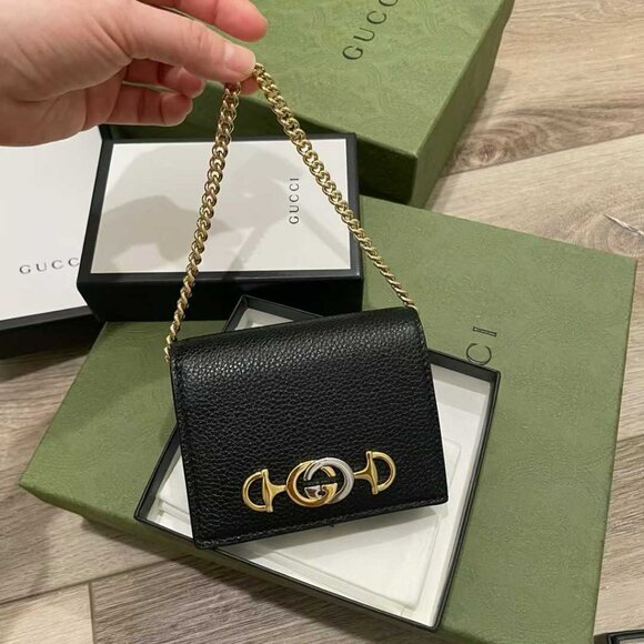 NIB Authentic GUCCI Leather Zumi Chain Wallet Black - Picture 1 of 10